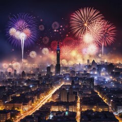 Naklejka premium An array of fireworks light up the night over a lively urban landscape, creating a celebratory mood, AI generated