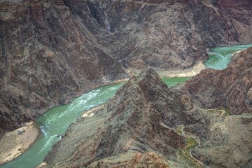 View from Plateau Point in the gorge of the Grand Canyon to the Colorado River, eroded rocky...