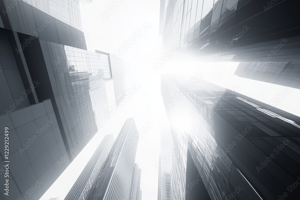 Poster captivating perspective of skyscrapers reaching towards a bright sky, showcasing modern architecture