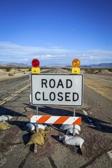 Road sign Road Closed, Roadblock, Route 66, Ludlow, California, USA, North America
