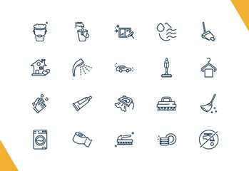 outline cleaning icons set. editable linear faucet cleanin, window cleanin, dry, and other 17 icons in this category isolated on transparent background.