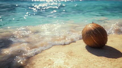 coconut placed on the beach with clear blue waters, gently lapping against the shore, and