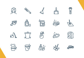 outline cleaning icons set. editable linear comb cleanin, plunger cleanin, wiping dustpan, and other 17 icons in this category isolated on transparent background.