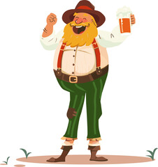 Bearded man in festive attire raises frothy beer mug, his arm raised in cheer against transparent background. Cartoon art style. Concept of alcohol drink, holidays, traditions, celebration