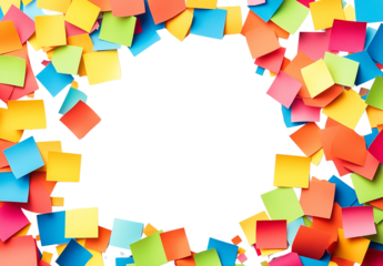 a colorful square paper pieces scattered isolated on a transparent background