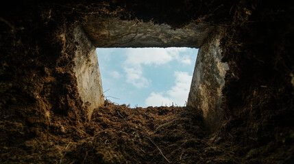 view from inside open grave, looking up at sky through square opening. surrounding earth is dark and rich, creating stark contrast with bright blue sky above