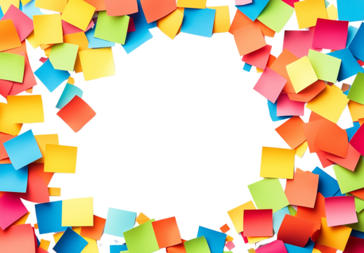 a colorful square paper pieces scattered isolated on a transparent background
