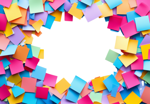 a colorful square paper pieces scattered isolated on a transparent background