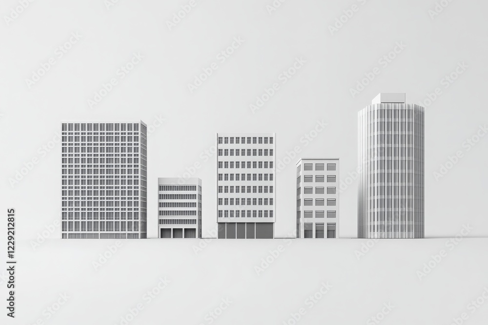 Poster minimalist architectural design featuring five distinct modern buildings arranged in a row against a