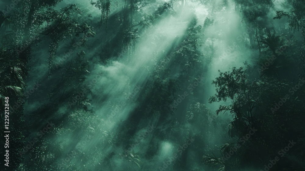 Poster Sunlight filters softly through a rich canopy of towering trees, casting enchanting beams onto the lush undergrowth. Mist swirls gently, adding a mystical aura to the thriving ecosystem