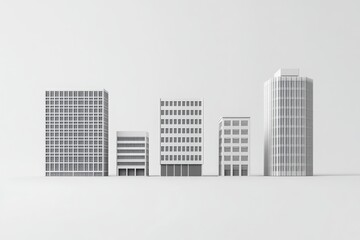 Obraz premium Minimalist architectural design featuring five distinct modern buildings arranged in a row against a clean white backdrop emphasizing simplicity and elegance.
