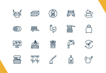 outline agriculture and farm icons set. editable linear straw bale, pesticide, garden bench, and other 17 icons in this category isolated on transparent background.