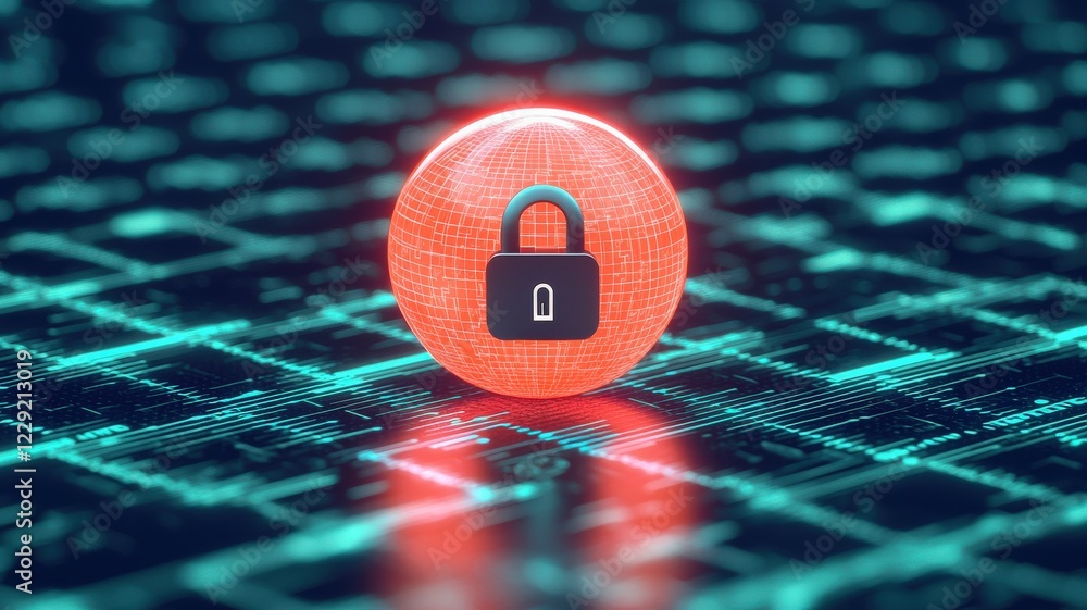 Poster information knowledge privacy concept. a glowing red sphere with a padlock icon sits on a digital gr