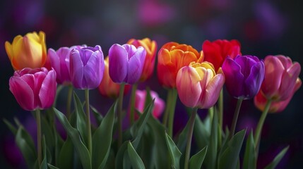 Fototapeta premium Colorful tulips with green leaves set against a dark background, AI generated