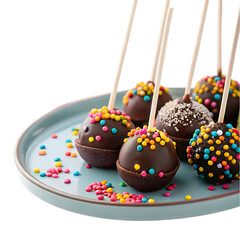 Assorted chocolate cake pops on plate stand