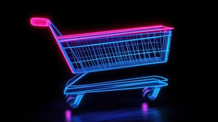 Neon Blue Shopping Cart with Pink Light Trails on Black Background