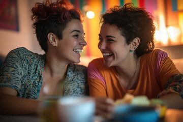 Fototapeta premium LGBTQ+ family having a meal together at home, showcasing a loving and inclusive environment