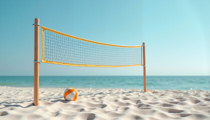 Beach volleyball net and ball on sandy shore with ocean view