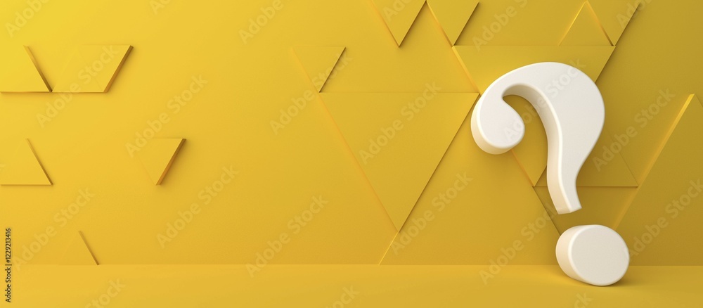Poster fine 3d concept with a white question mark icon in a modern yellow triangle room with space for text