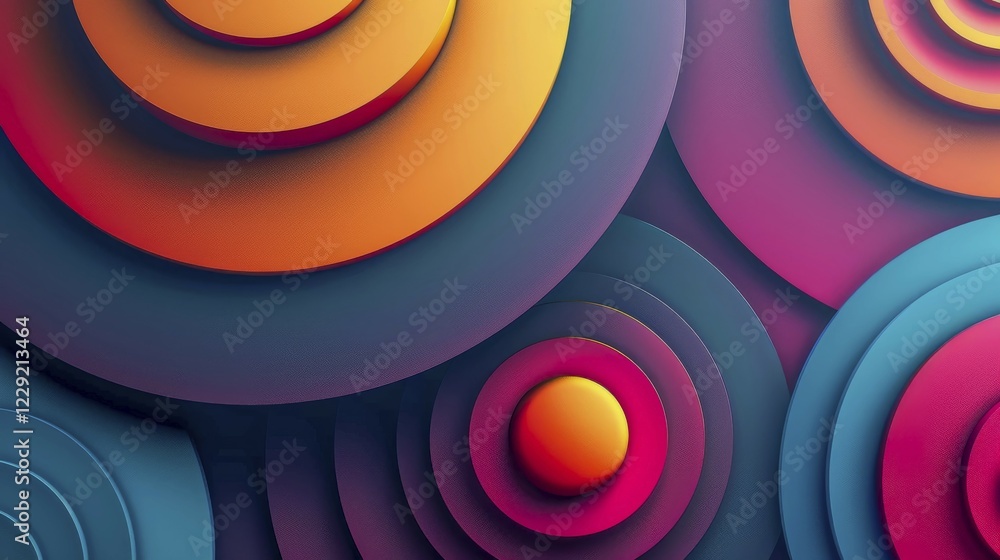 Poster layered concentric circles with a vibrant color gradient, creating a sense of depth and abstract sty