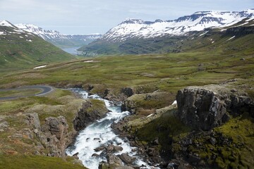 River Fjardara, landscape between Seydisfjordur and Egilsstadir, Austurland, Iceland, Europe