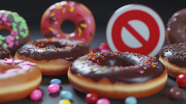 fast food, low carb diet, fattening and unhealthy eating concept - close up of chocolate pieces, jelly beans and glazed donuts behind no symbol or circle-backslash prohibition sign