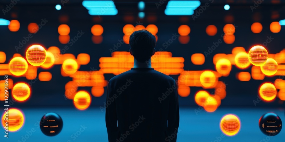 Poster information knowledge privacy concept. a silhouette stands before a futuristic display of glowing or