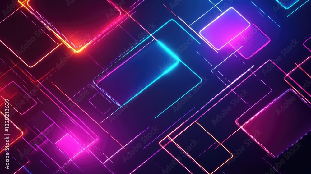 Poster a digital rendering of glowing neon lines and patterns forming futuristic geometric designs with a m
