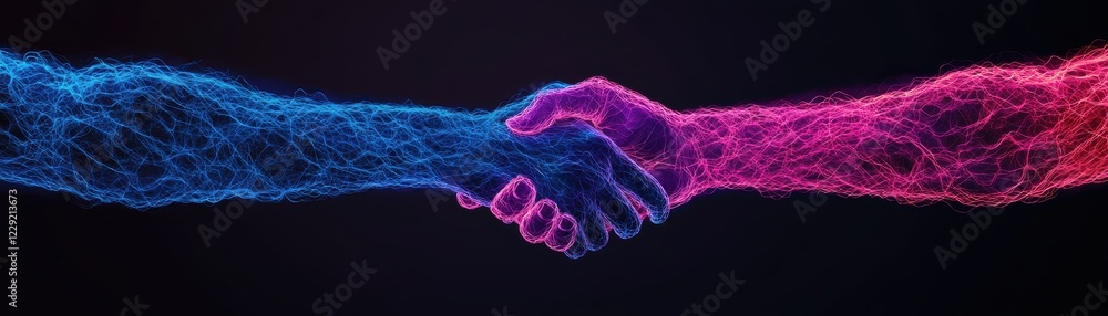 Poster dynamic collaboration between hands virtual space digital art dark background close-up unity concept