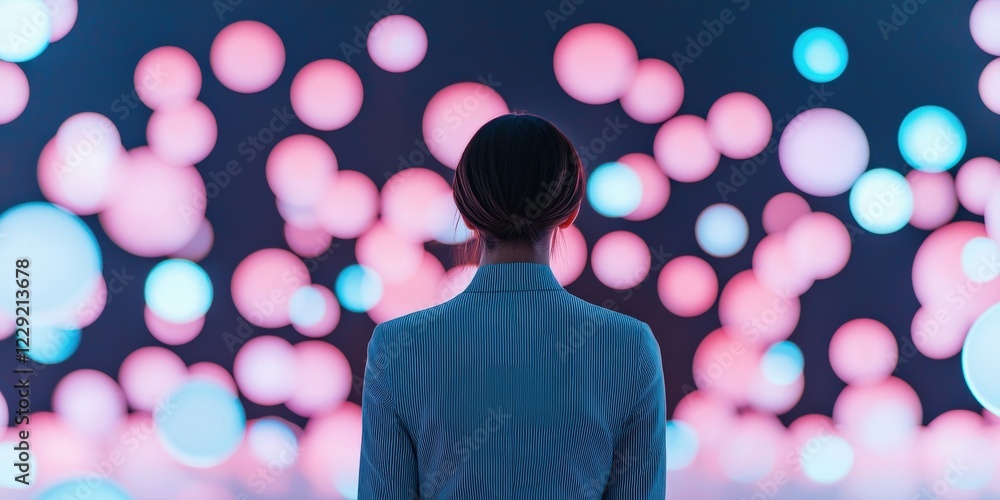 Poster information knowledge privacy concept. a person stands in front of an abstract, colorful light displ