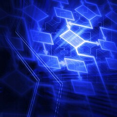 Abstract glowing flowchart diagram. Software development. Computer program algorithm. Information technology conceptual background in blue