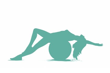 Conceptual illustration of a woman with fit slim body stretching balancing on exercise ball, blue symbol isolated on white background. Fitness and health concept