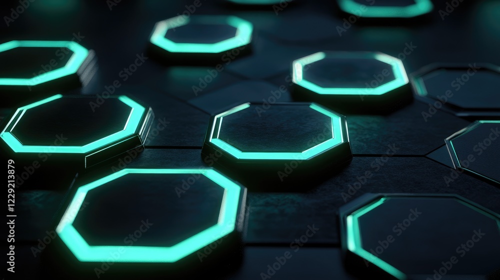 Poster a digital rendering of glowing neon triangles and hexagons, forming futuristic geometric patterns on