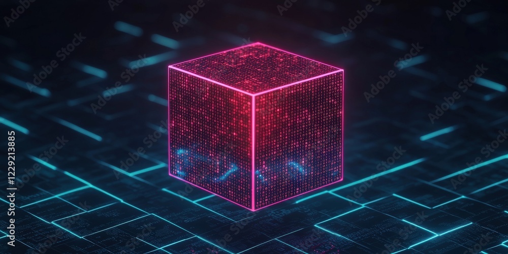Poster information knowledge privacy concept. a glowing digital cube sits on a matrix-like background, repr
