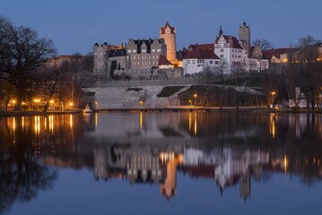 Fototapeta premium Schloss Bernburg by the river Saale, night scene, Bernburg, Saxony-Anhalt, Germany, Europe