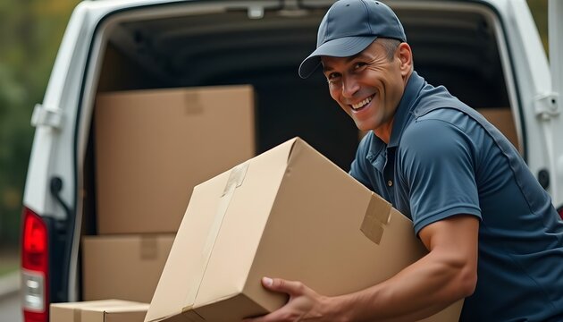 Hombre repartidor vestido de uniforme y contento, cargando cajas de cart&oacute;n en su furgoneta