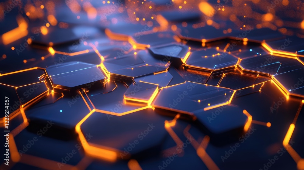 Poster a digital rendering of glowing neon triangles and hexagons, forming futuristic geometric patterns on