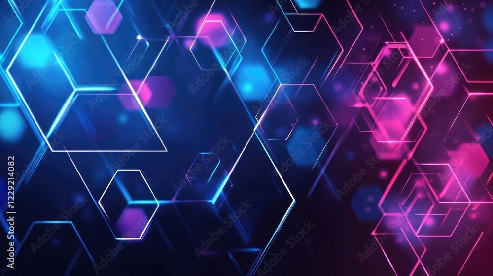 Poster a digital rendering of glowing neon triangles and hexagons, forming futuristic geometric patterns on