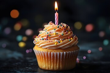 Birthday Cupcake with Swirled Frosting, Pearl Sprinkles, and a Lit Wish Candle. Generative AI