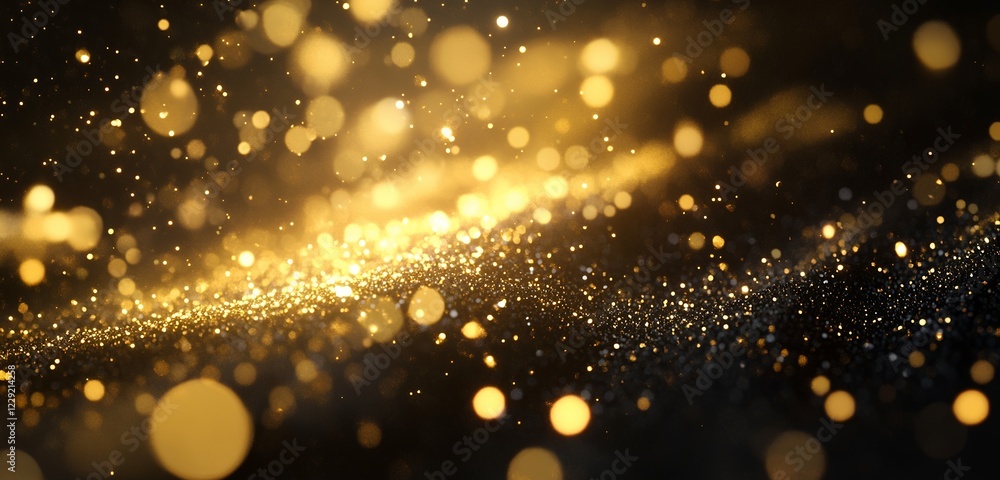 Poster golden shimmering light particles creating a magical bokeh effect over a dark and elegant background