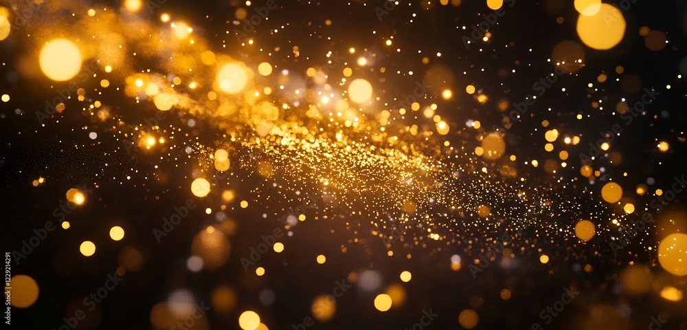 Poster glowing golden glitter particles with bokeh effect on a dark background for elegant luxury abstract 