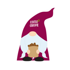 Coffee gnome wears violet uniform with bag of roasted coffee beans and text logo on high hat.