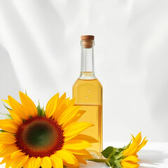 Sunflower with bottle of oil on a white
