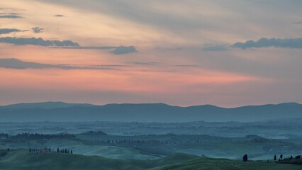 Hilly landscape at sunrise, Tuscany, Province of Siena, Italy, Europe