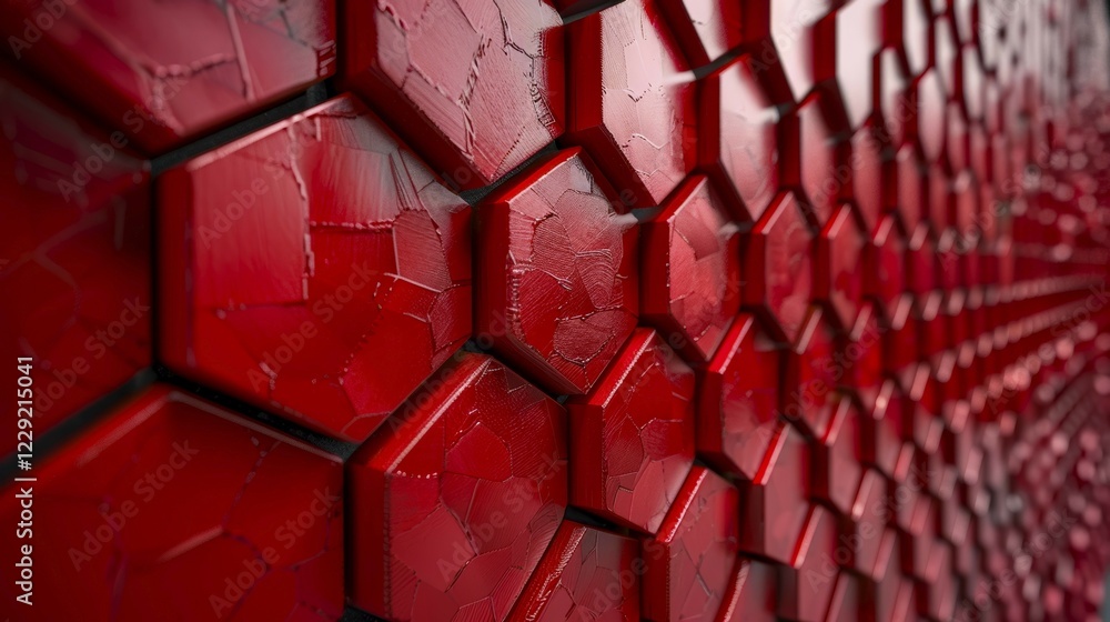 Poster close-up of textured red hexagonal shapes forming a 3d geometric design on a wall, ai generated