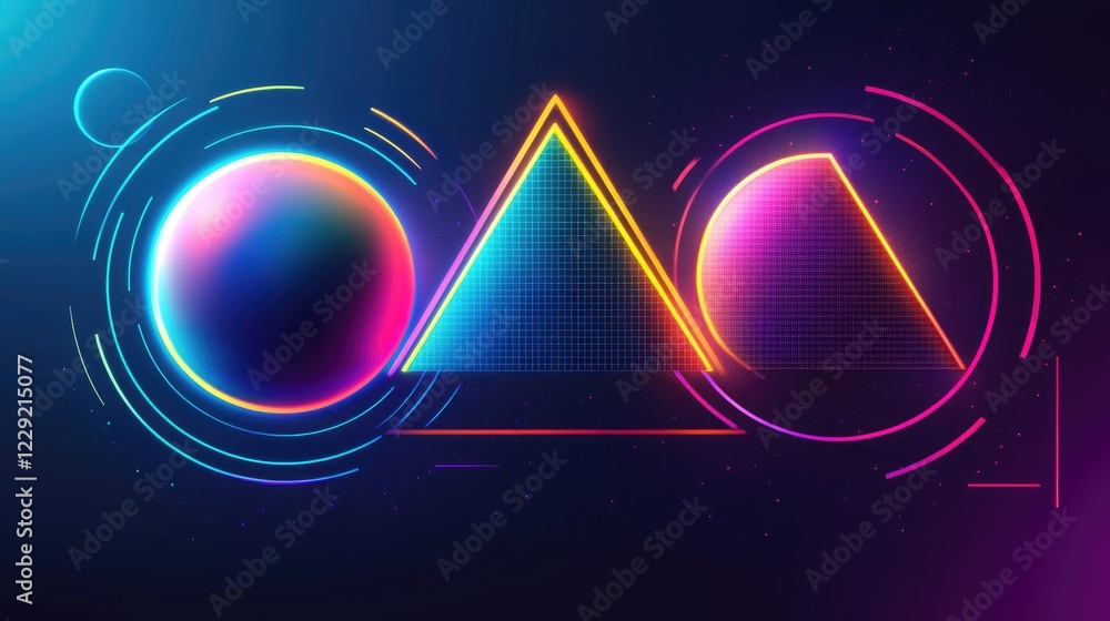 Poster a modern sci-fi aesthetic created by glowing neon geometric patterns in a digital rendering with bol
