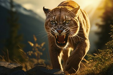 Fototapeta premium Close-up, A cougar, angry mountain lion in the forest bares its teeth, AI generated