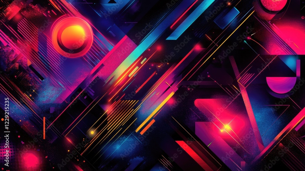 Poster a modern sci-fi aesthetic created by glowing neon geometric patterns in a digital rendering with bol