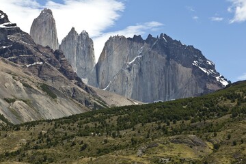 View of the steep peaks of the Torres del Paine granite mountains, Torres del Paine National Park, Magallanes Region, Patagonia, Chile, South America, Latin America, America, South America