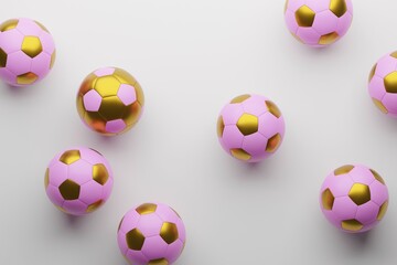 Many pink soccer balls with one golden soccer ball, women s soccer concept, 3d rendering